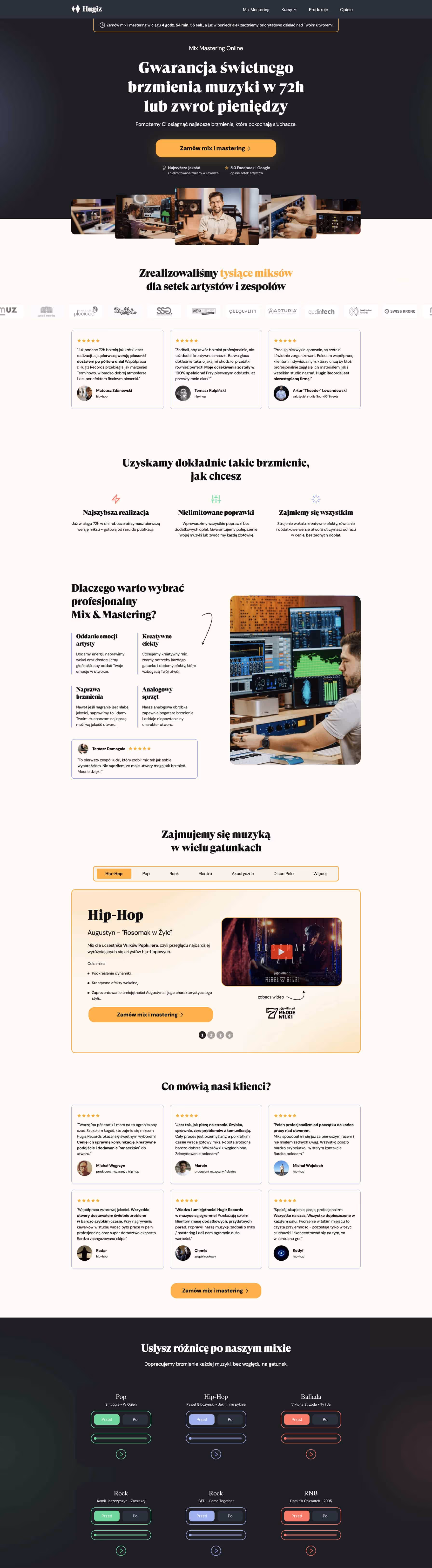 Strona oferty miksu i masteringu muzyki – Hugiz Records