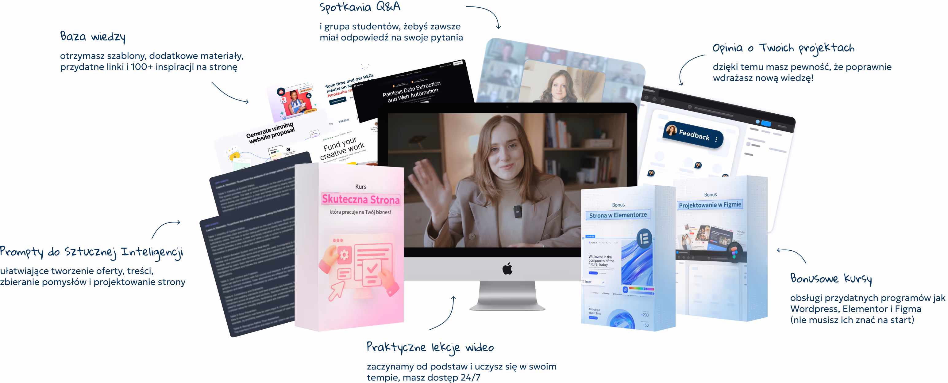 Mockup kursu Skuteczna Strona z bonusami i prowadzącą Marcelą Masiną